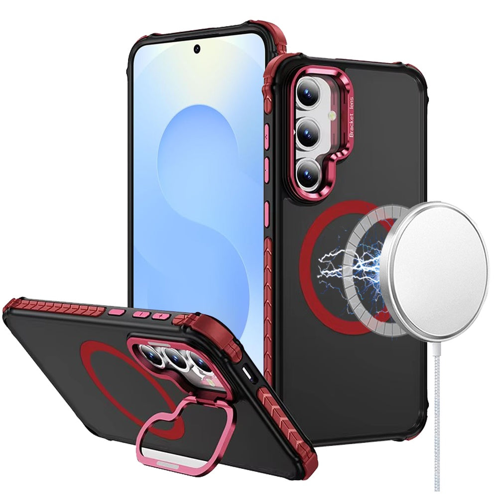 For Samsung S25/S24 Case Metal Lens Stand Cover Magnetic Circle + Tempered Glass