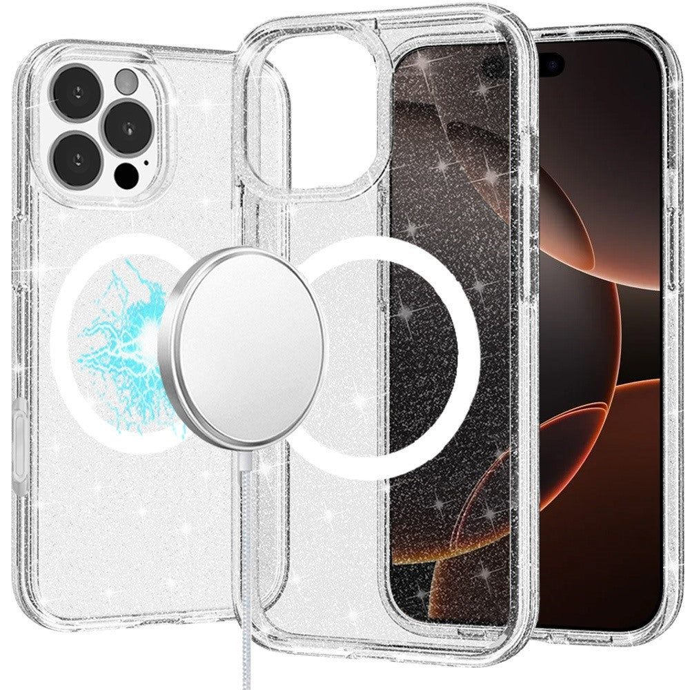 For iPhone 16 PRO MAX Case Magnetic Circle Glitter Translucent + Tempered Glass