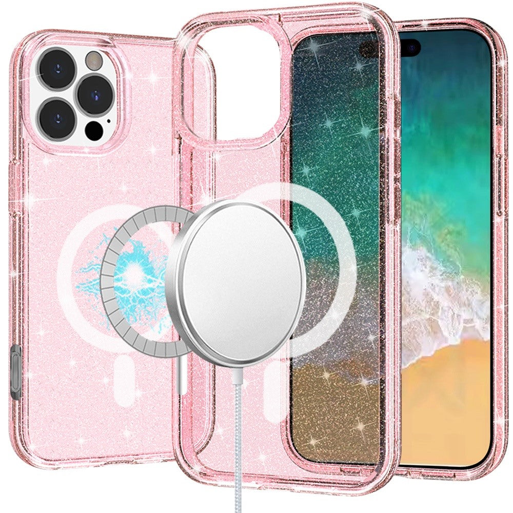 For iPhone 16 6.1inch Case Magnetic Circle Glitter Translucent + Tempered Glass