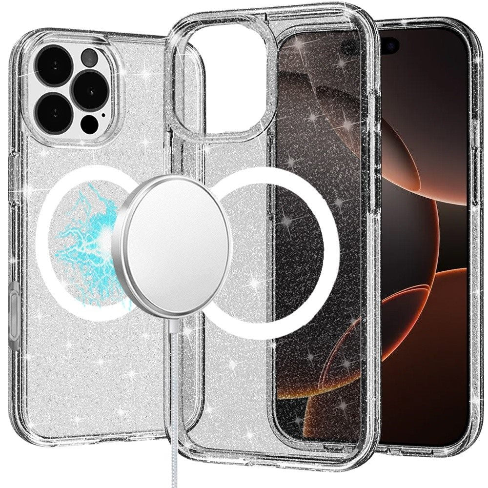 For iPhone 16 PRO MAX Case Magnetic Circle Glitter Translucent + Tempered Glass