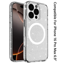 For iPhone 16 PRO MAX Case Magnetic Circle Glitter Translucent + Tempered Glass