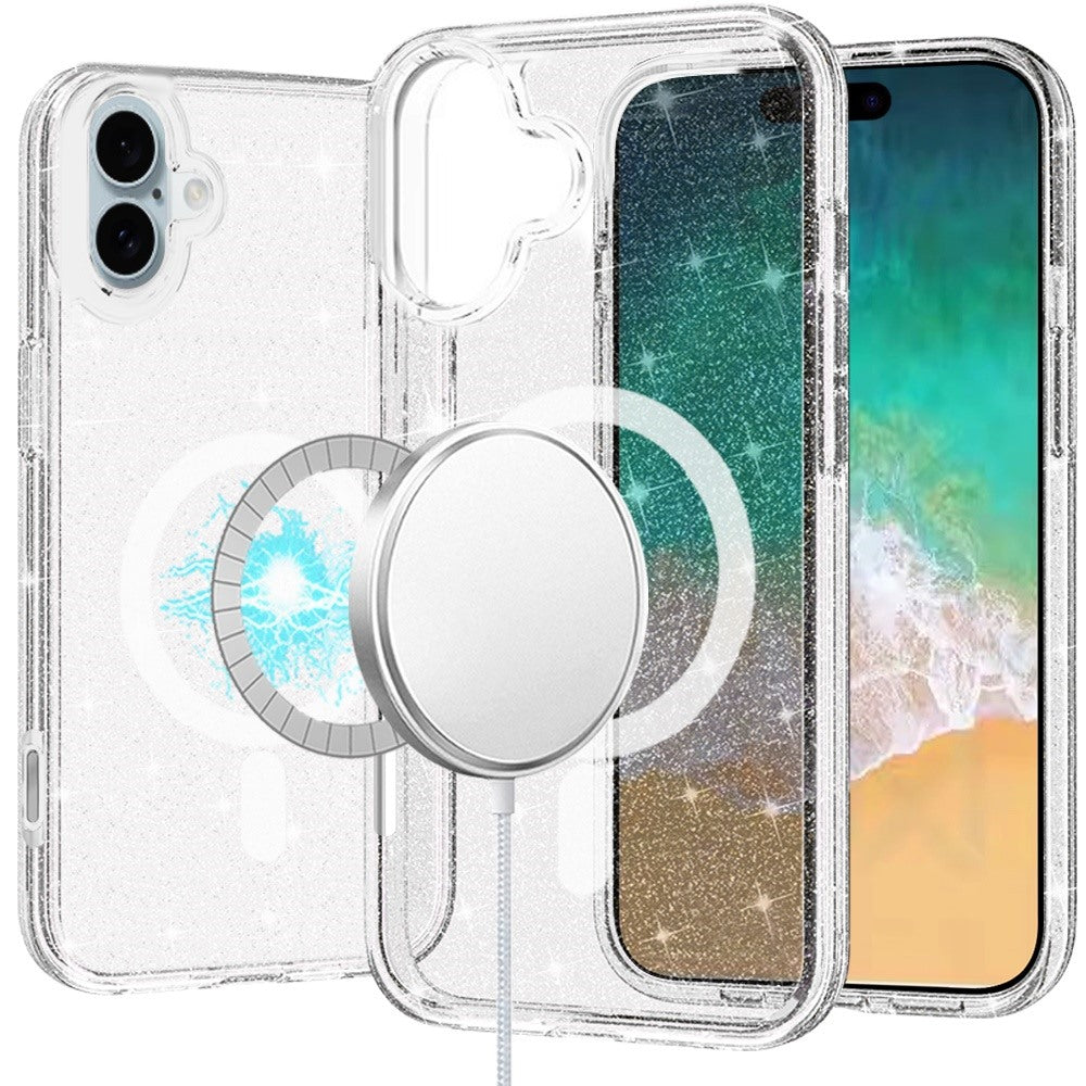 For iPhone 16 Plus 6.7in Case Magnet Circle Glitter Translucent + Tempered Glass