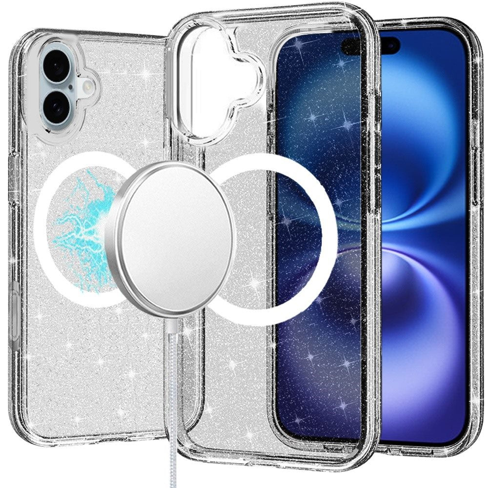 For iPhone 16 Plus 6.7in Case Magnet Circle Glitter Translucent + Tempered Glass