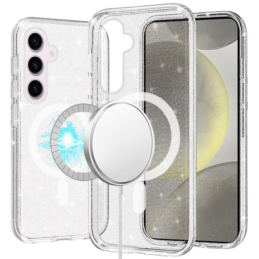 For Samsung S24+/S25+ Case Magnetic Circle Glitter Translucent + Tempered Glass