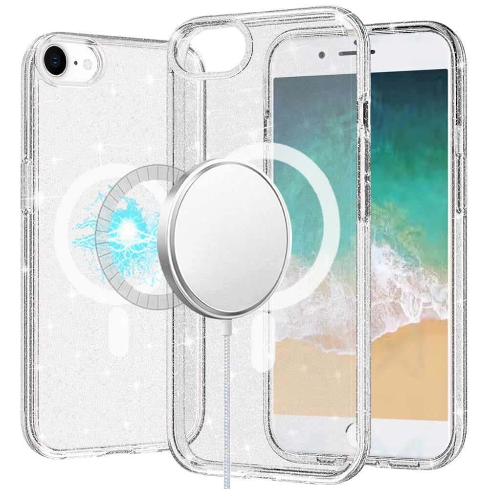 For iPhone 16e Case Magnetic Circle Glitter Translucent Cover + Tempered Glass