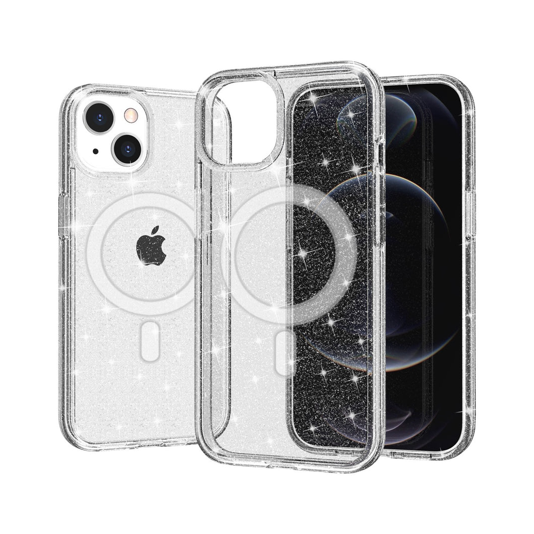 For iPhone 11 Pro Max Case Magnetic Circle Glitter Translucent + Tempered Glass