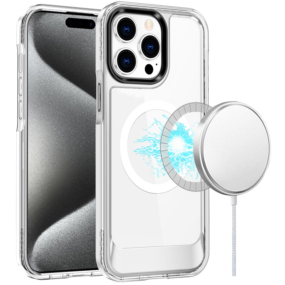 For iPhone 15 Pro Max Case Magnetic Circle Transparent Back + 2 Tempered Glass