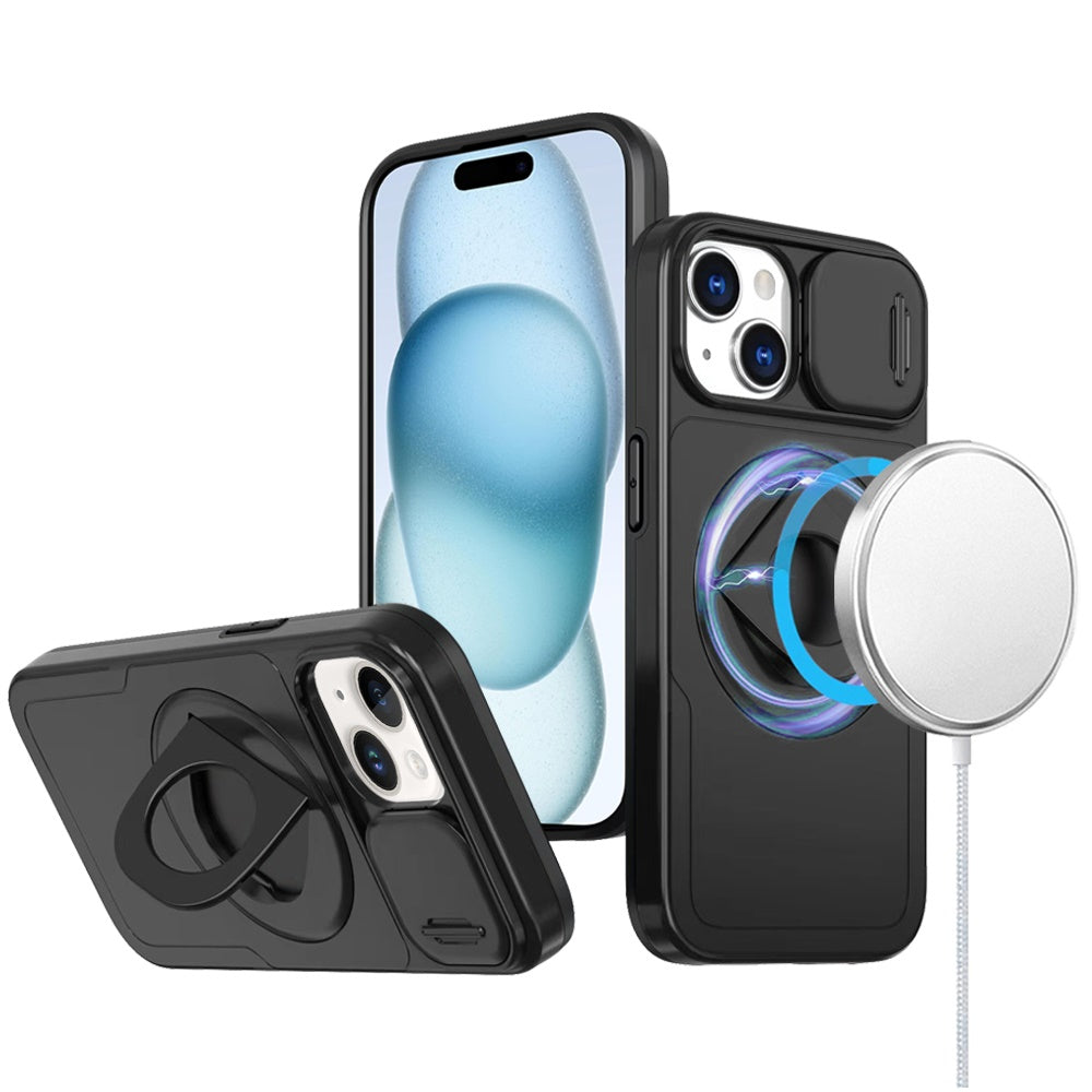For iPhone 15 Case Full Protection Stand Magnetic Circle + 2 Tempered Glass