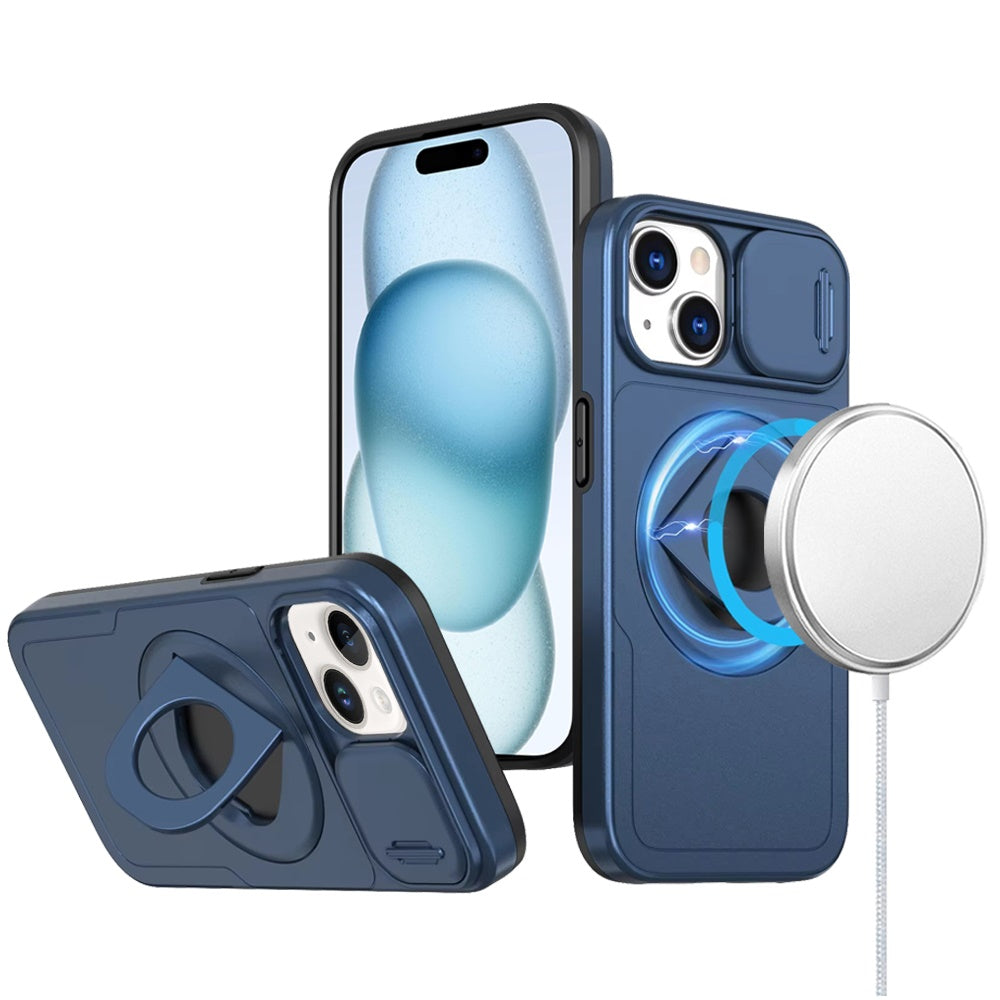 For iPhone 15 Case Full Protection Stand Magnetic Circle + 2 Tempered Glass