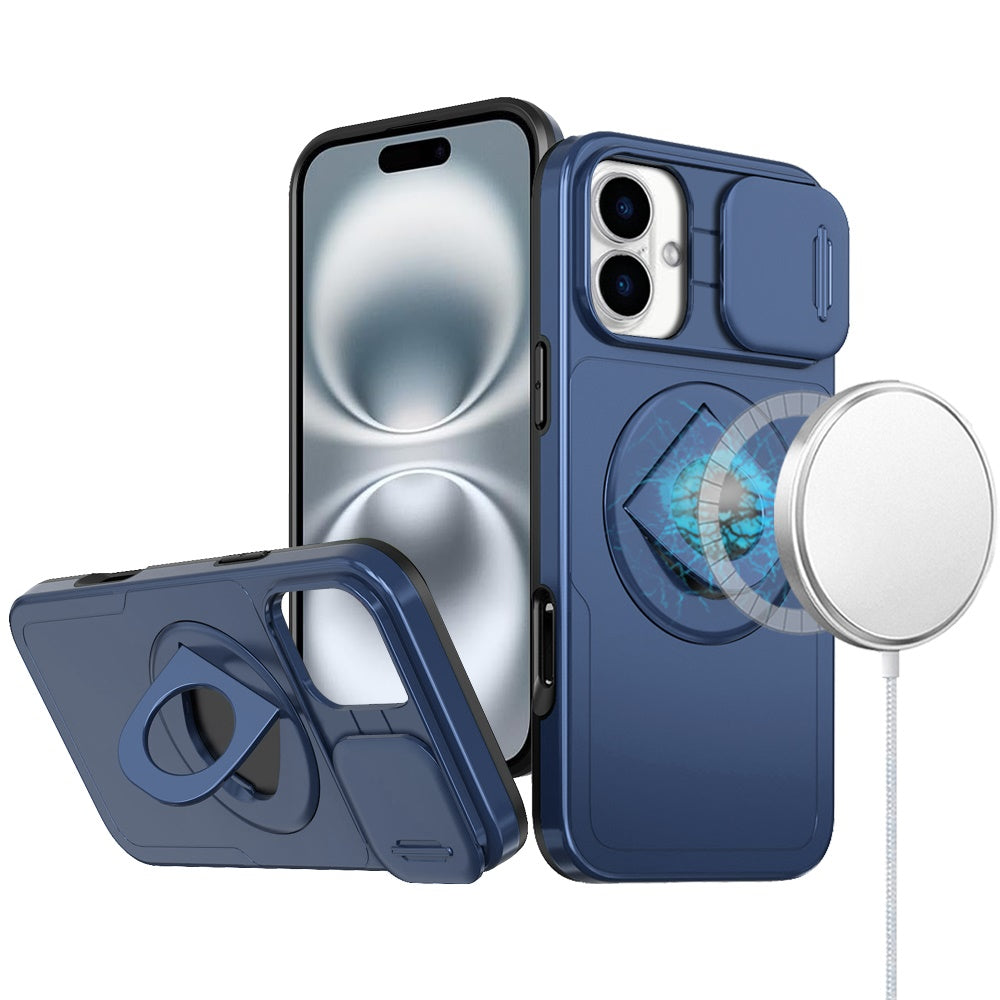 For iPhone 16 6.1inch Case Full Protection Stand Magnetic Circle +Tempered Glass