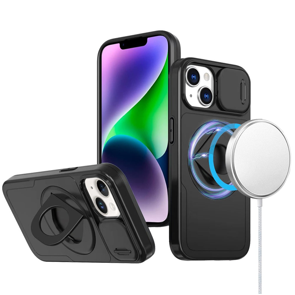 For iPhone 13/14 Case Full Protection Stand Magnetic Circle + Tempered Glass