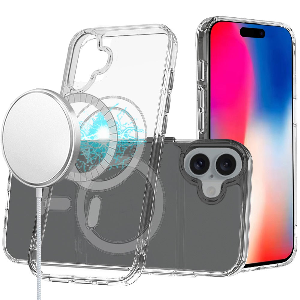 For iPhone 16 6.1inch Case Magnetic Circle Slim Fit Clear Cover + Tempered Glass
