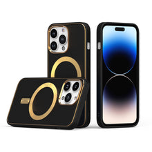 For iPhone 14 PRO MAX Case Magnetic Ring Vegan Leather Hybrid Cover Gold Trim