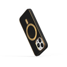 For iPhone 13/14 Case Magnetic Circle Vegan Leather Gold Trim + Tempered Glass