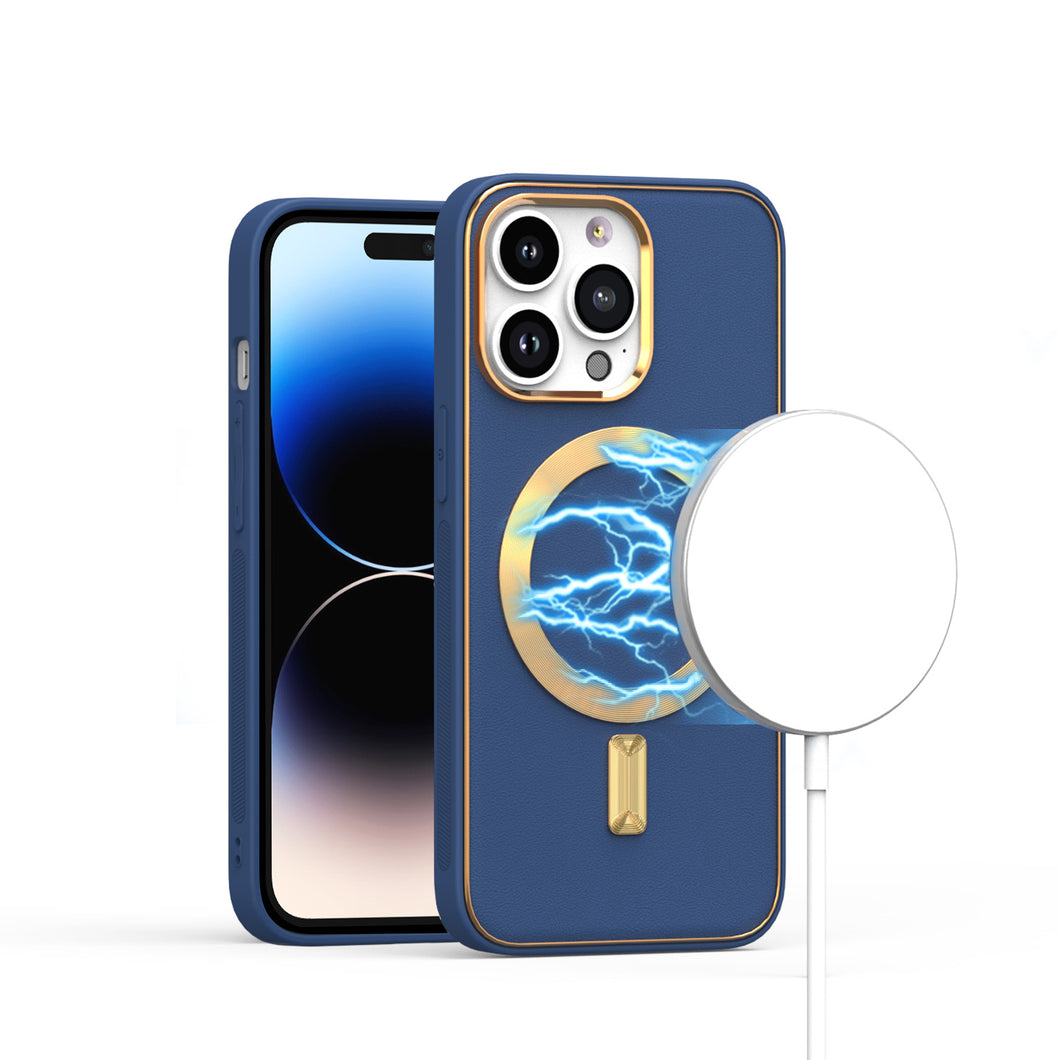 For iPhone 15 Case Magnetic Circle Vegan Leather Gold Trim + 2 Tempered Glass
