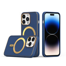 For iPhone 15 Case Magnetic Circle Vegan Leather Gold Trim + 2 Tempered Glass