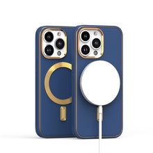 For iPhone 15 Case Magnetic Circle Vegan Leather Gold Trim + 2 Tempered Glass