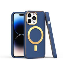 For iPhone 15 Case Magnetic Circle Vegan Leather Gold Trim + 2 Tempered Glass
