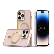 For iPhone 14 PRO MAX Case Magnetic Ring Vegan Leather Hybrid Cover Gold Trim