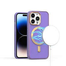 For iPhone 13/14 Case Magnetic Circle Vegan Leather Gold Trim + Tempered Glass