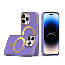 For iPhone 13/14 Case Magnetic Circle Vegan Leather Gold Trim + Tempered Glass