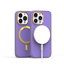 For iPhone 13/14 Case Magnetic Circle Vegan Leather Gold Trim + Tempered Glass