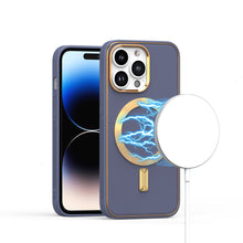 For iPhone 13/14 Case Magnetic Circle Vegan Leather Gold Trim + Tempered Glass