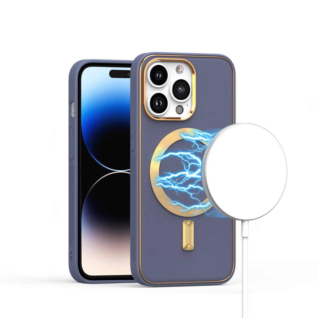 For iPhone 13/14 Case Magnetic Circle Vegan Leather Gold Trim + Tempered Glass