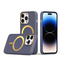 For iPhone 15 Case Magnetic Circle Vegan Leather Gold Trim + 2 Tempered Glass