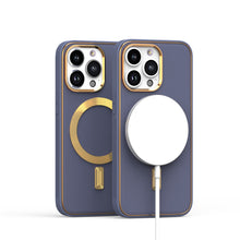 For iPhone 13/14 Case Magnetic Circle Vegan Leather Gold Trim + Tempered Glass