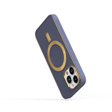 For iPhone 13/14 Case Magnetic Circle Vegan Leather Gold Trim + Tempered Glass