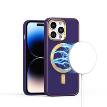 For iPhone 15 Case Magnetic Circle Vegan Leather Gold Trim + 2 Tempered Glass