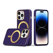 For iPhone 15 Case Magnetic Circle Vegan Leather Gold Trim + 2 Tempered Glass