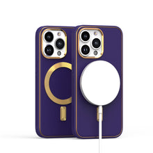 For iPhone 15 Case Magnetic Circle Vegan Leather Gold Trim + 2 Tempered Glass