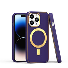 For iPhone 15 Case Magnetic Circle Vegan Leather Gold Trim + 2 Tempered Glass