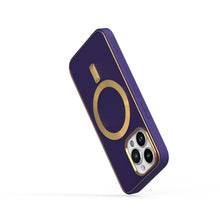 For iPhone 13/14 Case Magnetic Circle Vegan Leather Gold Trim + Tempered Glass