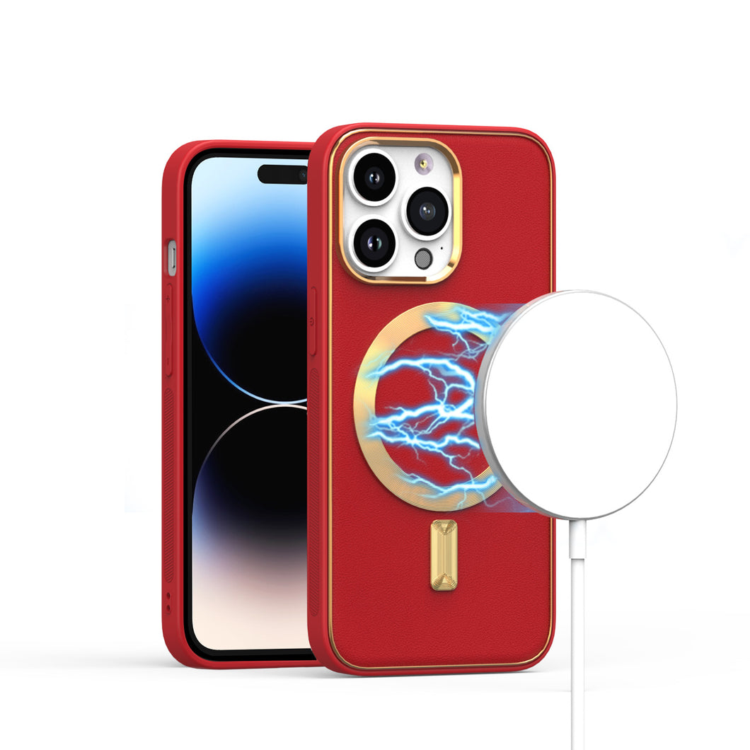 For iPhone 13/14 Case Magnetic Circle Vegan Leather Gold Trim + Tempered Glass