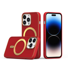 For iPhone 13/14 Case Magnetic Circle Vegan Leather Gold Trim + Tempered Glass