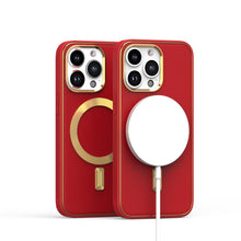 For iPhone 13/14 Case Magnetic Circle Vegan Leather Gold Trim + Tempered Glass