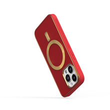 For iPhone 13/14 Case Magnetic Circle Vegan Leather Gold Trim + Tempered Glass