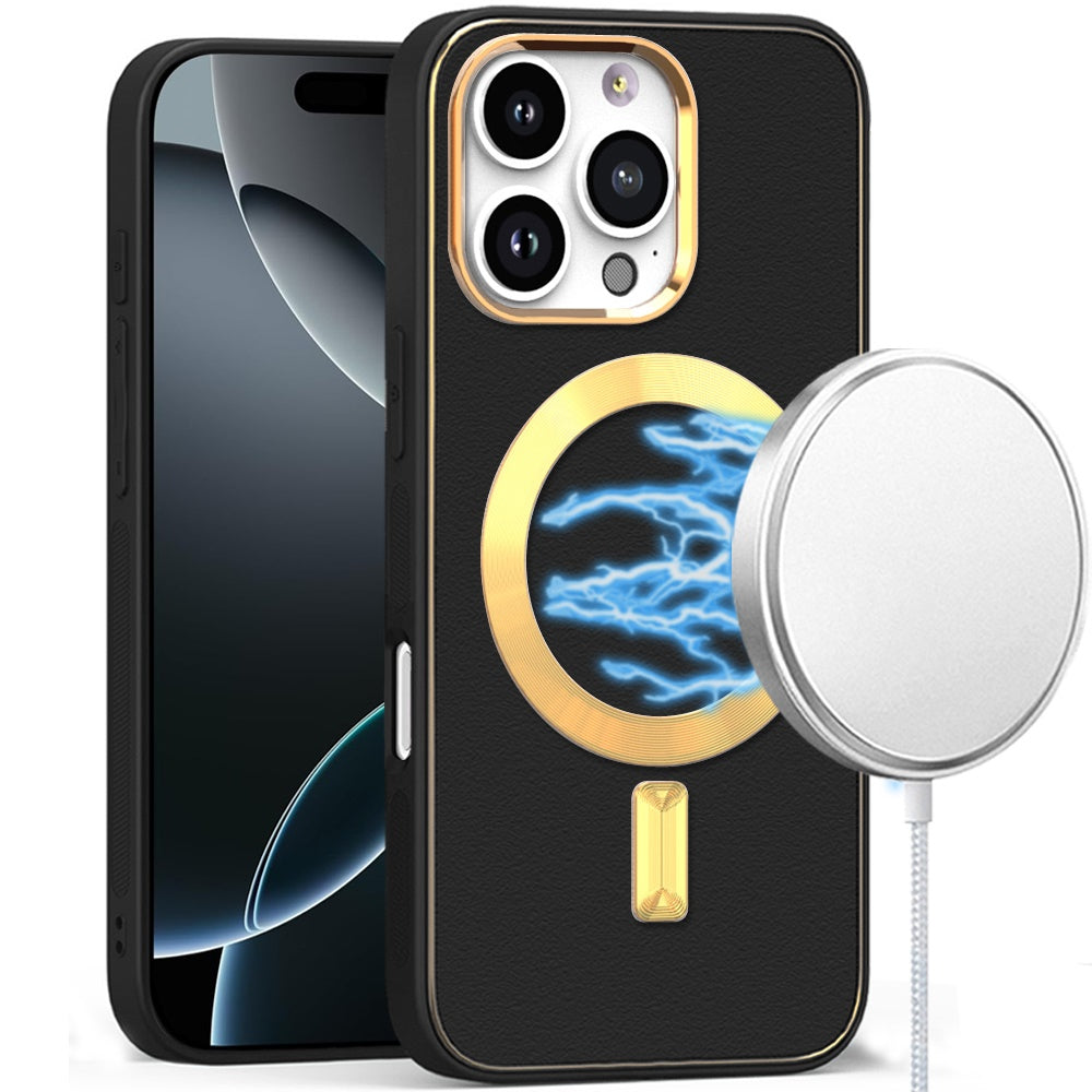For iPhone 16 PRO MAX Case Magnetic Circle Vegan Leather Cover + Tempered Glass