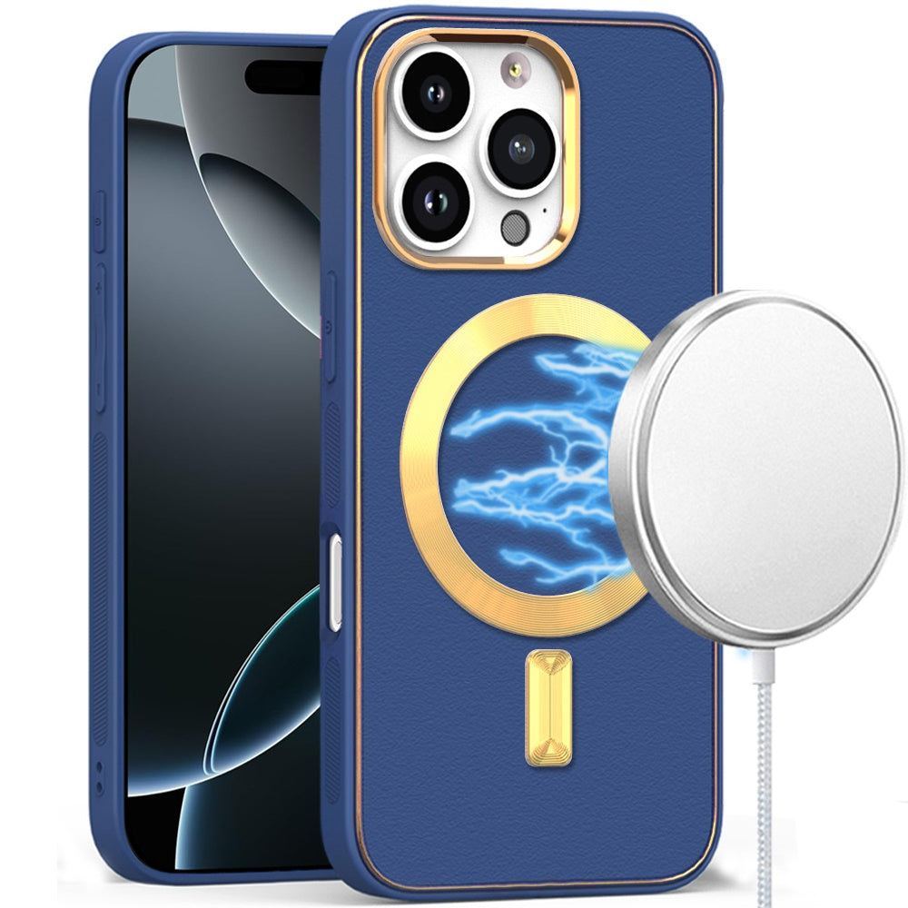 For iPhone 16 PRO MAX Case Magnetic Circle Vegan Leather Cover + Tempered Glass