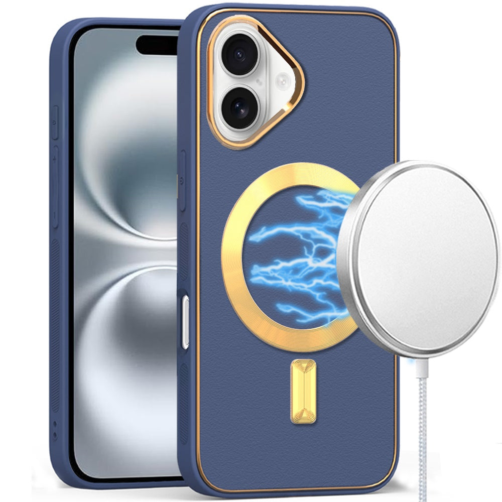 For iPhone 16 Plus 6.7in Case Magnetic Circle Vegan Leather + Tempered Glass