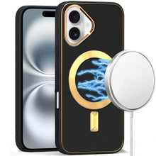 For iPhone 16 6.1inch Case Magnetic Circle Vegan Leather Cover + Tempered Glass
