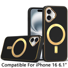 For iPhone 16 6.1inch Case Magnetic Circle Vegan Leather Cover + Tempered Glass