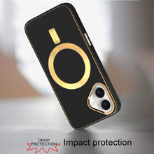 For iPhone 16 6.1inch Case Magnetic Circle Vegan Leather Cover + Tempered Glass