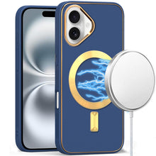 For iPhone 16 6.1inch Case Magnetic Circle Vegan Leather Cover + Tempered Glass