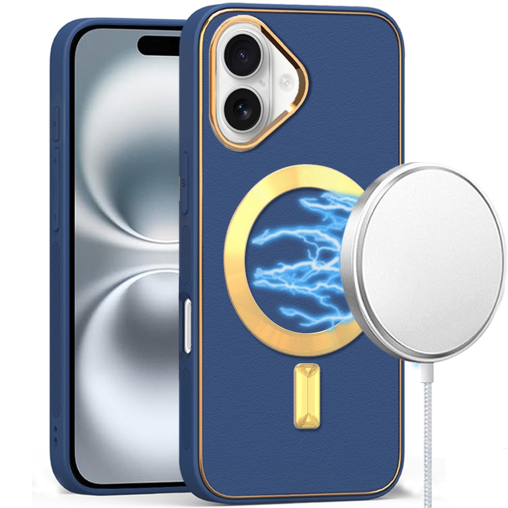 For iPhone 16 6.1inch Case Magnetic Circle Vegan Leather Cover + Tempered Glass