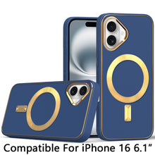For iPhone 16 6.1inch Case Magnetic Circle Vegan Leather Cover + Tempered Glass