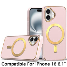 For iPhone 16 6.1inch Case Magnetic Circle Vegan Leather Cover + Tempered Glass